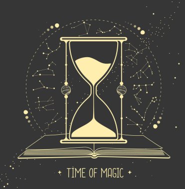 Açık kitap, kum saati ve astroloji takımyıldızlı modern cadılık sihirli kartı. Yıldız falı. Vektör illüstrasyonu