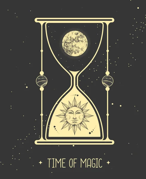 现代魔法卡与占星术沙漏与日月在里面 白天和晚上 现实的人脸太阳手绘图解 — 图库矢量图片