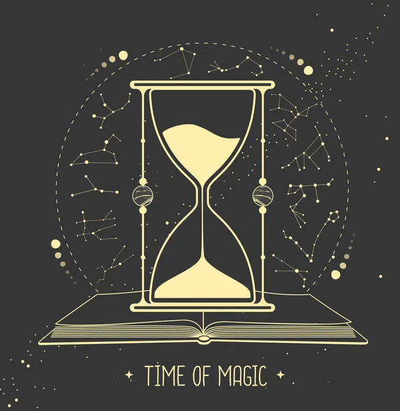Açık Kitap Kum Saati Astroloji Takımyıldızlı Modern Cadılık Sihirli Kartı — Stok Vektör