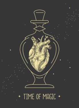 İçinde insan kalbi olan modern cadılık sihirli kartı. Vektör illüstrasyonu