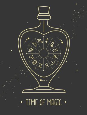 Uzay arka planında cam bir şişede astroloji çarkı olan modern cadılık sihirli kartı. Vektör illüstrasyonu