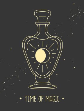 Uzay arka planında cam şişede güneş ve ay olan modern cadılık sihirli kartı. Vektör illüstrasyonu