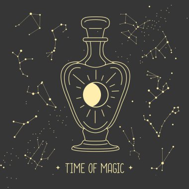 Modern cadılık sihirli kartı, içinde güneş ve ay olan cam şişe. Uzay arkaplanındaki takımyıldızları. Vektör illüstrasyonu