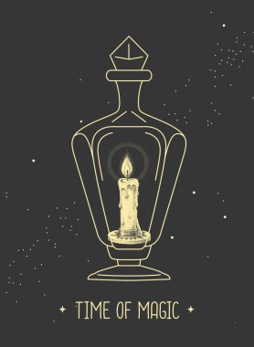 Uzay arka planında cam şişede yanan mum olan modern büyü kartı. Vektör illüstrasyonu