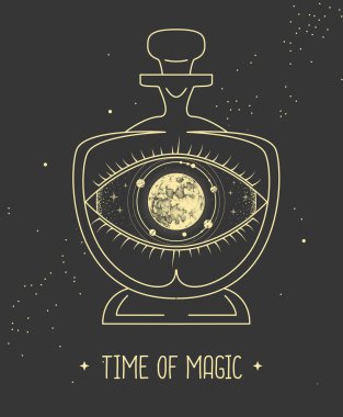 Güneş sistemli modern büyü kartı. Cam şişedeki her şeyi gören göz gibi. Vektör illüstrasyonu