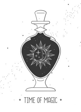 Uzay arka planında güneş ve ayın cam şişede olduğu modern büyü kartı. Vektör illüstrasyonu