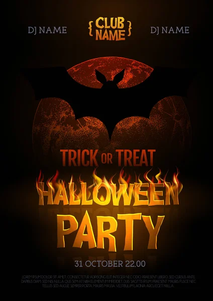 Halloween Disco Party Plakát Hořícími Písmeny Úplněk Netopýří Silueta Halloween — Stockový vektor