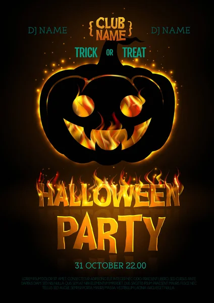 Плакат Вечеринки Хэллоуин Горящими Буквами Джеком Фонарем Хэллоуин — стоковый вектор