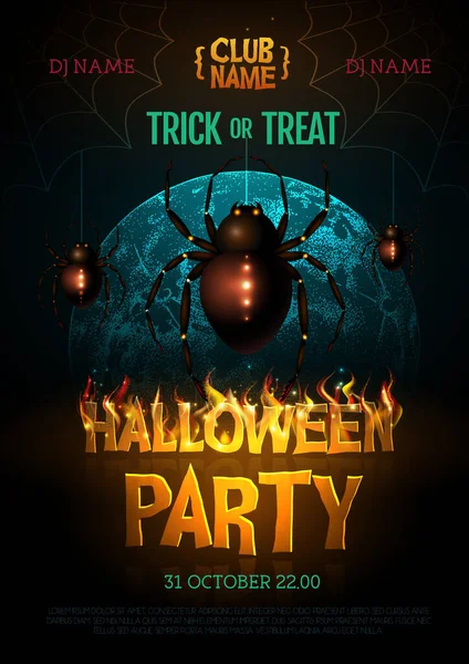 Halloween Disco Party Plakát Égő Levelekkel Kísérteties Póksziluettel Halloween Háttér — Stock Vector