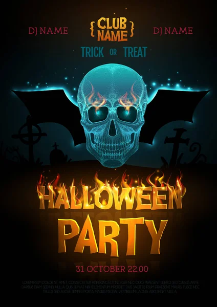 Halloween Disko Plakát Hořícími Písmeny Siluetou Lidské Lebky Halloween Pozadí — Stockový vektor