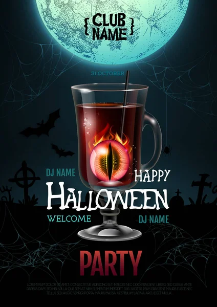 Halloween Cocktail Disco Party Poster Realistic Transperent Cocktail Glass Burning — Stock Vector