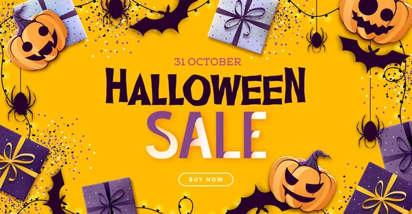 Halloween Verkaufsposter Mit Geschenkschachteln Und Laterne Hintergrund Halloween — Stockvektor