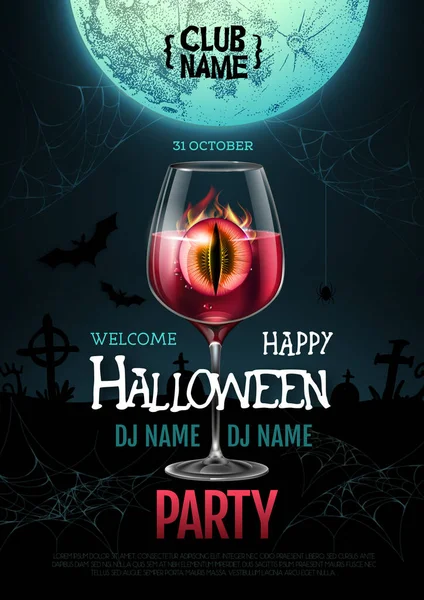 Halloween Koktajl Dyskoteka Party Plakat Realistycznym Przezroczystym Kieliszkiem Koktajlowym Płonące — Wektor stockowy