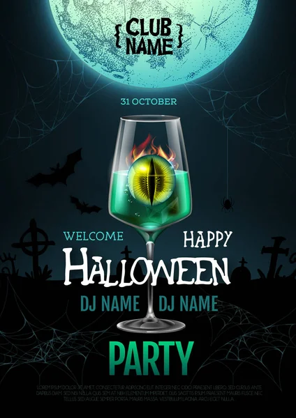Halloween Cocktail Disco Party Poster Con Realistico Bicchiere Cocktail Trasparente — Vettoriale Stock