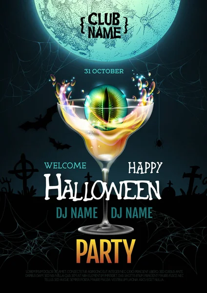 Halloween Koktajl Dyskoteka Party Plakat Realistycznym Przezroczystym Kieliszkiem Koktajlowym Płonące — Wektor stockowy