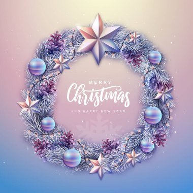 Kış mevsimsel Noel arkaplanı. Noel tatili dekoratif çelengi. Vektör illüstrasyonu