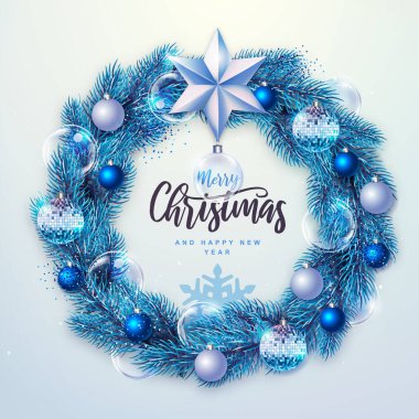 Kış mevsimsel Noel arkaplanı. Noel tatili dekoratif çelengi. Vektör illüstrasyonu