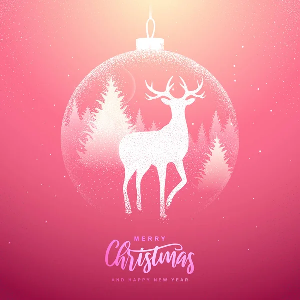 冬のホリデークリスマスの背景 雪の地球と森の中の鹿とクリスマスグリーティングカード ベクターイラスト — ストックベクタ