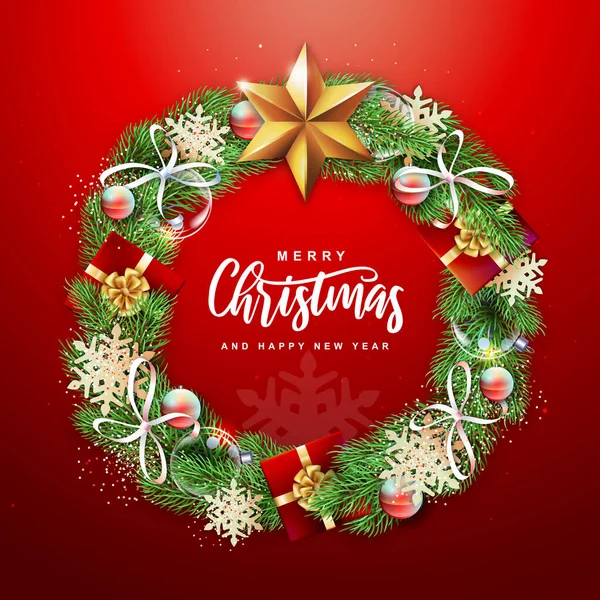 Winter Seasonal Christmas Background Christmas Holiday Realistic Decorative Wreath Vector — Stock Vector