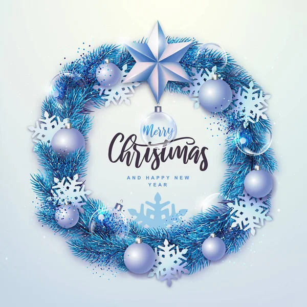 冬の季節のクリスマスの背景 クリスマス休暇現実的な装飾花輪 ベクターイラスト — ストックベクタ