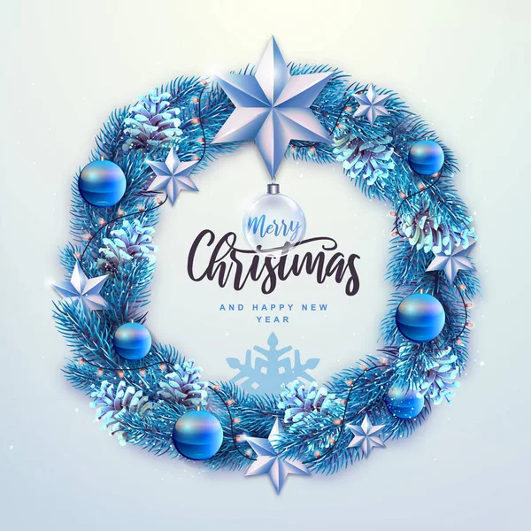 冬の季節のクリスマスの背景 クリスマス休暇現実的な装飾花輪 ベクターイラスト — ストックベクタ