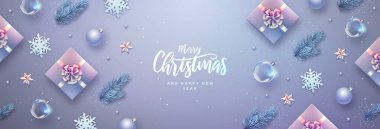 Mutlu Noeller ve mutlu yıllar tebrik kartı. Noel arkaplanı köknar ağacı, kar taneleri, cam toplar, hediye kutuları ve yıldızlarla dolu.