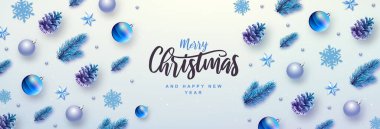 Mutlu Noeller ve mutlu yıllar tebrik kartı. Noel arkaplanı köknar ağacı, kar taneleri, cam toplar, çam kozalakları ve yıldızlarla dolu.