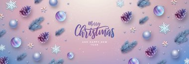 Mutlu Noeller ve mutlu yıllar tebrik kartı. Noel arkaplanı köknar ağacı, kar taneleri, cam toplar, çam kozalakları ve yıldızlarla dolu.