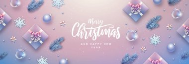 Mutlu Noeller ve mutlu yıllar tebrik kartı. Noel arkaplanı köknar ağacı, kar taneleri, cam toplar, hediye kutuları ve yıldızlarla dolu.