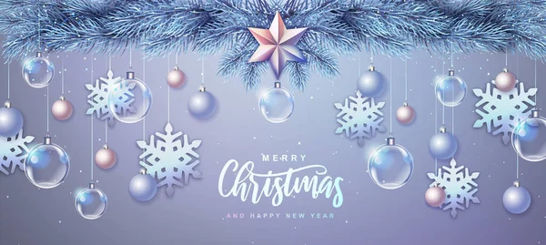 メリークリスマスとハッピーニューイヤーのグリーティングカード モミの木 雪の結晶 ガラス玉と星とクリスマス休暇の背景 — ストックベクタ