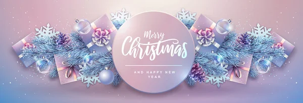 メリークリスマスとハッピーニューイヤーのグリーティングカード モミの木 雪の結晶 ガラス玉 ギフトボックスや星とクリスマス休暇の背景 — ストックベクタ