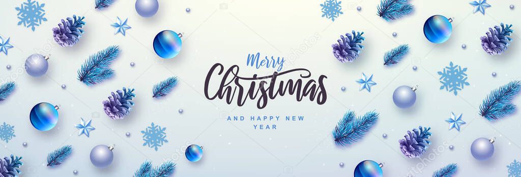 Merry Christmas and Happy New Year greeting card. Top view Christmas holiday background with fir tree, snowflakes, glass balls, pine cones and stars