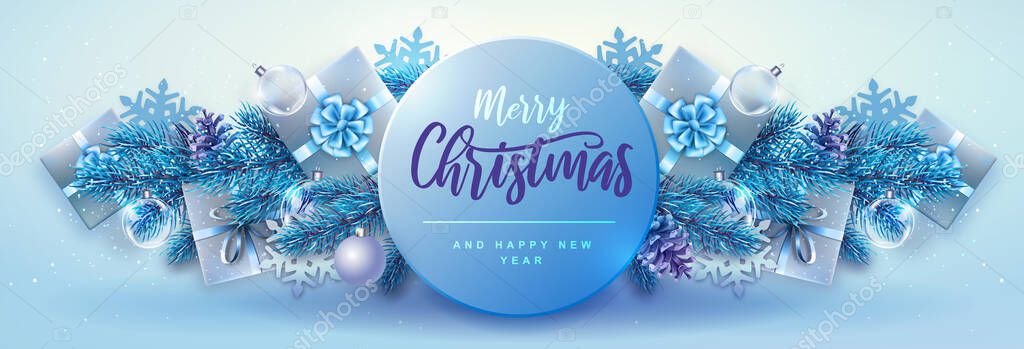 Merry Christmas and Happy New Year greeting card. Christmas holiday background with fir tree, snowflakes, glass balls, gift boxes and stars