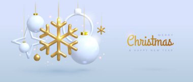 Noel tatili için beyaz arka plan, 3 boyutlu plastik ve metalik mücevherler, kar taneleri veya oyuncaklar. Noel tebrik kartı, poster, afiş. Vektör illüstrasyonu