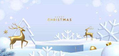 Noel tatili kar kürsüsü, kar, plastik kar taneleri ve beyaz arka planda altın geyik heykelcikleri. Vektör illüstrasyonu