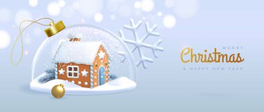 Mutlu Noeller ve 3D cam top ve beyaz arka planda zencefilli kurabiye evi olan mutlu yeni yıl afişleri. Vektör illüstrasyonu