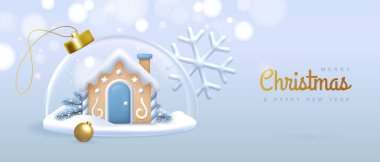 Mutlu Noeller ve 3D cam top ve beyaz arka planda zencefilli kurabiye evi olan mutlu yeni yıl afişleri. Vektör illüstrasyonu