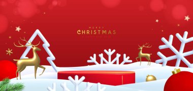 Noel tatili kar kürsüsü, kar, plastik kar taneleri ve kırmızı arka planda altın geyik heykelcikleri. Vektör illüstrasyonu