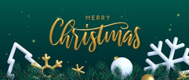 3D altın yazılı Mutlu Noeller afişi, Noel ağacı, kar taneleri ve yeşil arka planda takılar. Vektör illüstrasyonu