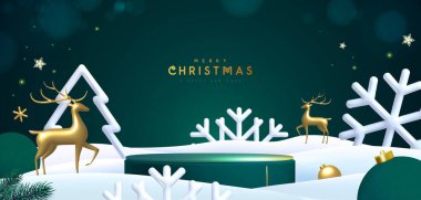 Noel tatili kar kürsüsü, kar, plastik kar taneleri ve yeşil arka planda altın geyik heykelcikleri. Vektör illüstrasyonu