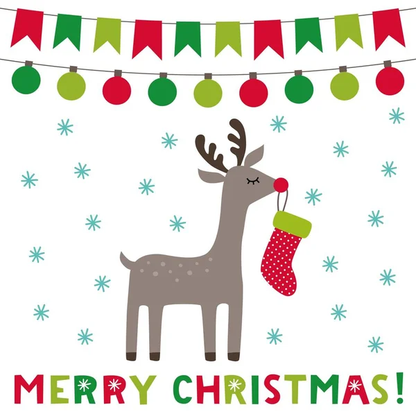 Tarjeta de felicitación de Navidad con un lindo ciervo de dibujos animados — Vector de stock