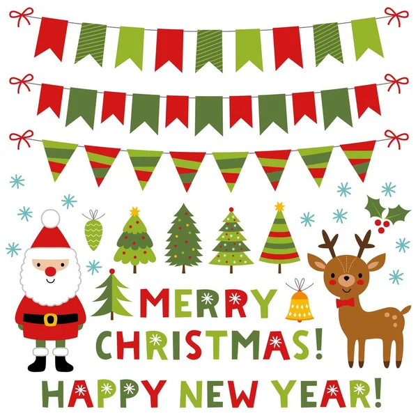 サンタクロース、彼の鹿と装飾とクリスマスセット — ストックベクタ
