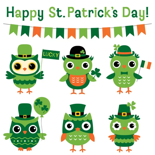 Cute owls set for St. Patricks Day — Stock Vector