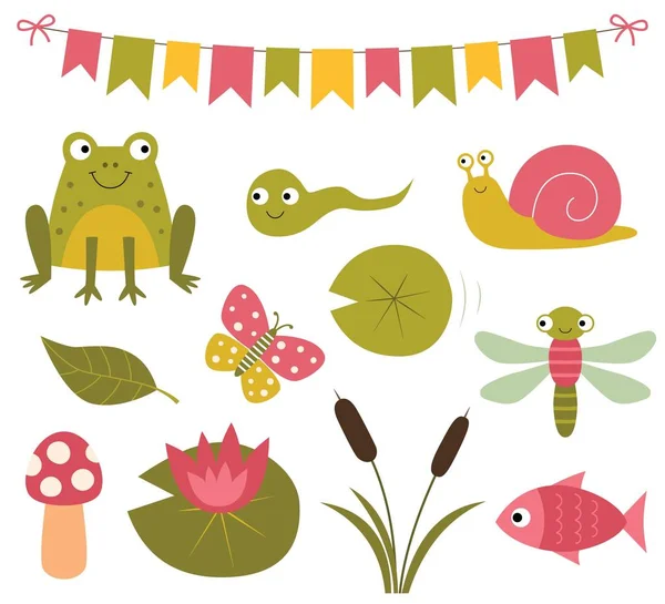 Vector pond cartoon clip art (a frog, water lily) — Stock Vector