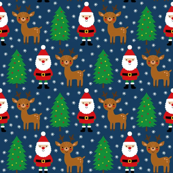 산타 클로스, 그의 사슴과 크리스마스 트리, 원활한 패턴 — 스톡 벡터