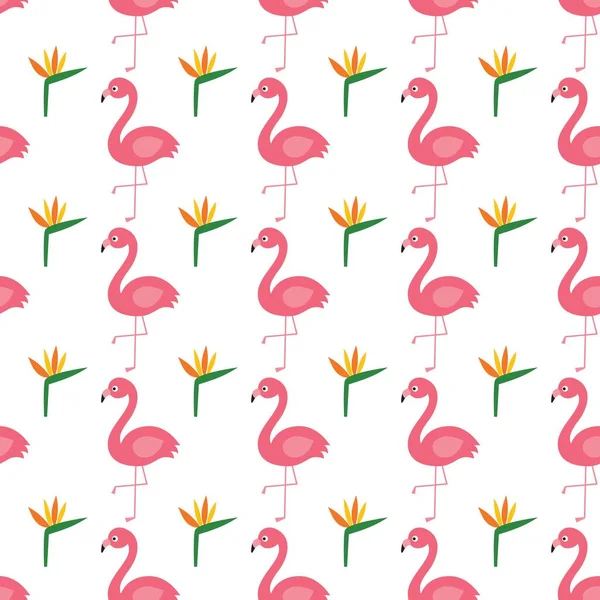 Flamingo y flores exóticas, patrón vectorial sin costuras — Vector de stock