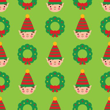 Sevimli karikatür elf ve Noel çelenk ile Dikişsiz desen