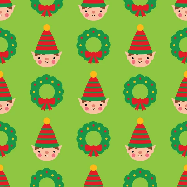 Bezproblémový vzor s roztomilým skřítka a vánočním věnec — Stockový vektor