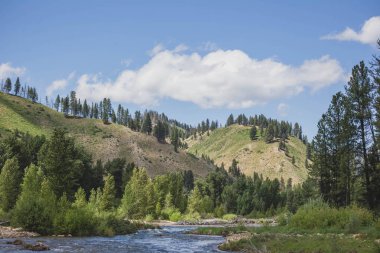 Boise nehrin yanında Featherville, Idaho, Amerika yukarıda mavi gökyüzünde bulutlar float.