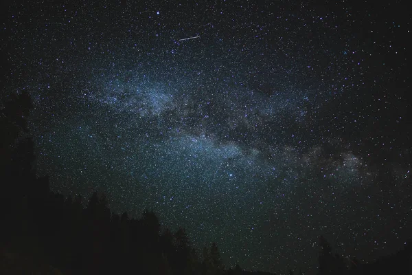 Una Estrella Fugaz Pasa Por Encima Vía Láctea Sobre Bosque — Foto de Stock